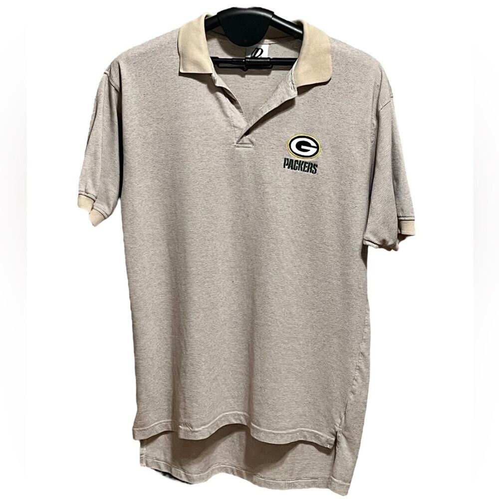 Vintage 90s Green Bay Packers Polo Shirt Mens L Dynasty Tan Knit Business Golf